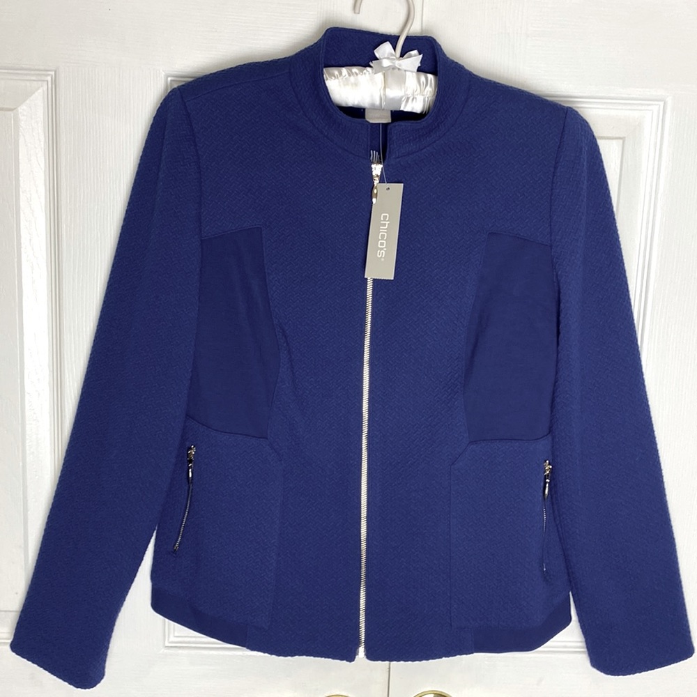 NWT Chico’s Textured Knit Full Zip Jacket Nocturne Navy. Size 4